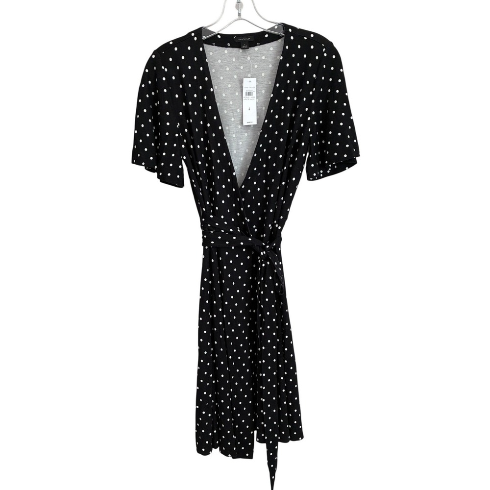 Ann Taylor Womens Black White Polka Dot Wrap Dress Short Flutter Sleeve - 4 NWT
